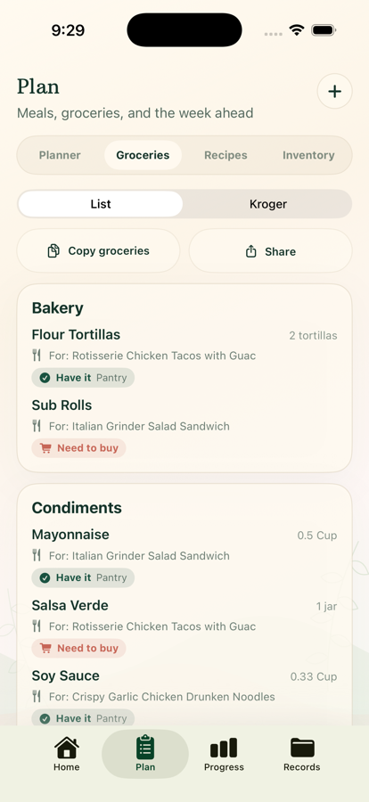 Huney shared grocery list organized by category