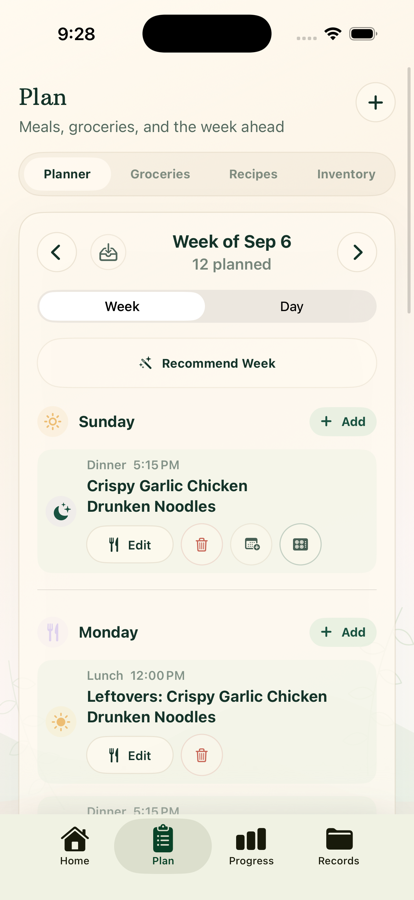 Huney weekly meal planner