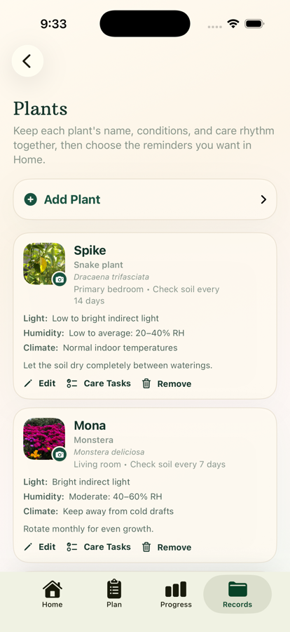Huney plant records with care conditions and reminders