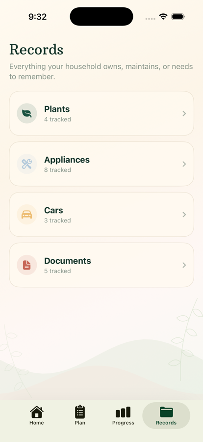 Huney Records overview for plants, appliances, cars, and documents